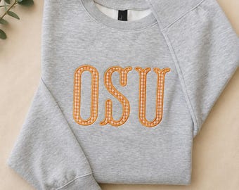Custom College Gingham Applique Sweatshirt, Fishtail Embroidered Crewneck, Preppy Shirt