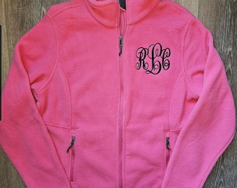 Monogrammed  Pink Fleece jacket, Personalized full zip jacket, custom embroidery, Size LARGE