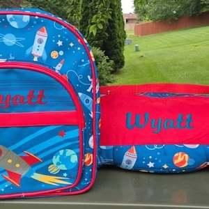 Stephen Joseph Space Backpack set, Personalized Boy Backpack set, monogrammed backpack and nap mat set, Space Backpack set, age 3 to 6