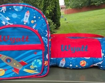 Stephen Joseph Space Backpack set, Personalized Boy Backpack set, monogrammed backpack and nap mat set, Space Backpack set, age 3 to 6