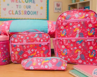 Personalized Mermaid Backpack Set, Embroidered Backpack Lunchbox, Napmat and stainless Water Bottle