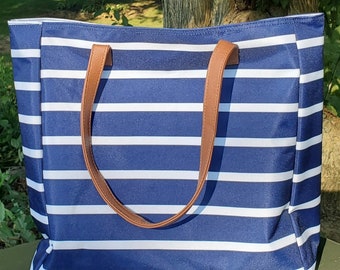 Ladies Personalized Navy Stripe Tote Bag, gift for Her, Name or Monogram