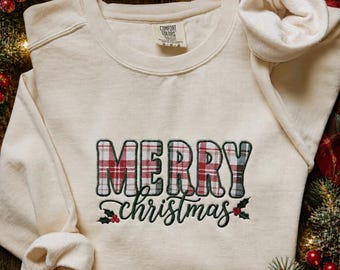 Merry Christmas Appliqué sweatshirt, cozy Embroidered Sweatshirt, ivory Pullover for her, Comfort colors
