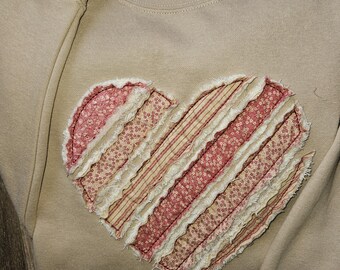 Shabby Chic Heart Sweatshirt Crewneck REAL Appliqué embroidered shirt not a print