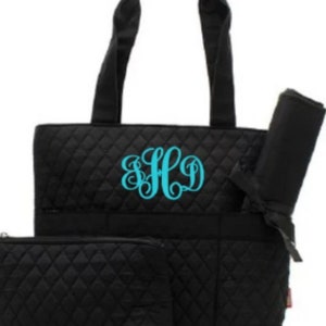 Black Personalized diaper bag, quilted solid tote, 3 piece set