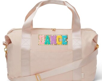 Personalized Dance bag, Gymnastic Cheer Bag, Tan Duffle Bag with Chenille Letters, ballerina bag