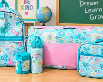 Personalized Flower Print Backpack Bundle, Kids Back to School Lunchbox Nap Mat food jar and insulated water bottle