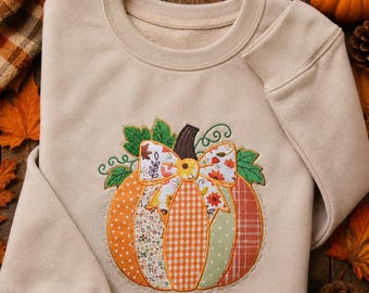 Pumpkin sweatshirt,  Cozy sweater for fall, REAL embroidered applique  NOT print,  Gingham Thanksgiving shirt