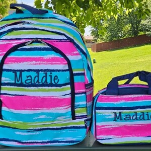 Girls Carribean Stripes Personalized Backpack and lunch box, Girls Monogrammed Backpack and lunch box set
