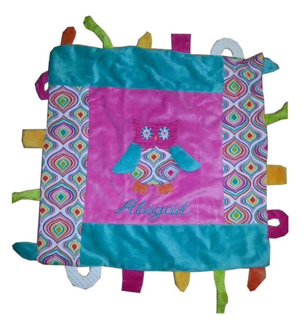 Owl Baby blanket with teething ring, personalized gift, SALE