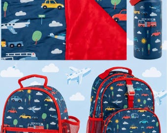 Personalized  Backpack Set,  Embroidered Nap Mat, backpack,  Lunchbox and water bottle, Transportation, cars, planes