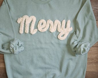Chenille yarn Merry Sweatshirt, Merry Yarn Sweatshirt, Merry Chenille sage and Cream yarn Sweatshirt, Custom Yarn Sweatshirt