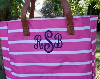 Pink Stripe Tote Bag, Personalized gift for Her with Name or Monogram