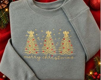 Christmas Sweatshirt with gold embroidery and red rhinestone, holiday crewneck