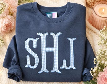 Custom Monogram Gingham Applique Sweatshirt, Large Fishtail  Embroidered Crewneck, Personalized Preppy  Shirt, NOT Vinyl