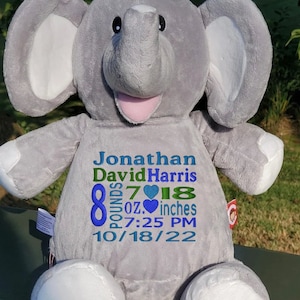 Elephant personalized stuffed animal, baby keepsake, toddler present, newborn present, birth announcement, baby shower