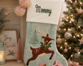 Stephen Joseph Christmas Stocking Reindeer, Personalized Stocking for girl, quilted, embroidered