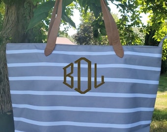 Personalized Tan Striped Tote Bag, gift for Her, Name or Monogram