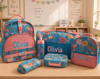 Personalized Floral Backpack, Lunch Box, Nap Mat Bundle (Bento, Water Bottle Not Personalized)