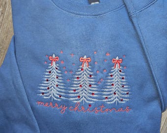Christmas Sweatshirt with Silver embroidery and red rhinestone, holiday crewneck