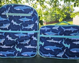 Boys Personalized Junior Backpack, Lunchbox, Nap mat, Stephen Joseph Shark set, Kids Back to School 2 pieces, age 3-6
