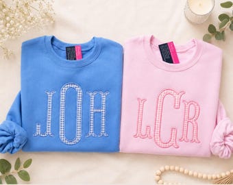 Custom Monogram Gingham Applique Sweatshirt, Large Fishtail Embroidered Crewneck, Personalized Preppy Shirt, REAL EMBROIDERY not a print