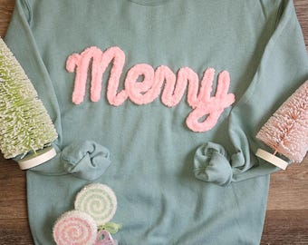 MERRY Chenille Sparkle Yarn Sweatshirt, Custom Embroidered Yarn Sweatshirt, Trending Christmas Gifts, Holiday Shirt, sage green and pink