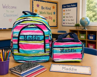 Girls Carribean Stripes Personalized Backpack and lunch box, Girls Monogrammed Backpack and lunch box set