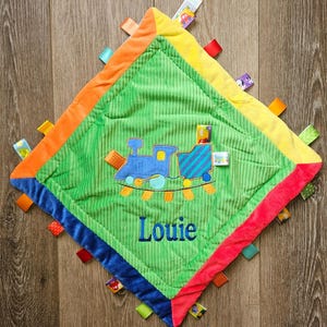 Train taggie blanket, 16 x 16 inches, personalized Taggie baby gift, AUTHORIZED SELLER
