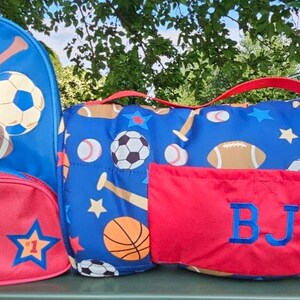 Sports personalized Toddler backpack and Nap Mat, Basketball, Baseball Themed Backpack, preschool bag, boy backpack, ages 3 to 6