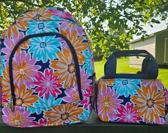 Floral Backpack and Lunchbox personalized, Vibrant flowers, customized backpack, free personalization