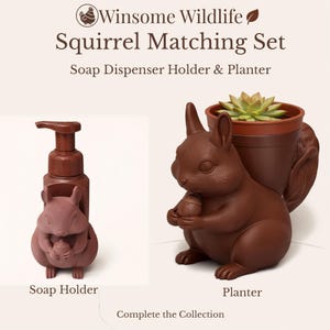 May include: A brown squirrel-shaped soap dispenser holder and planter set. The soap dispenser has a pump top. The planter holds a small succulent. The set is part of the Winsome Wildlife collection.