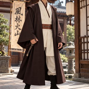 May include: A dark brown floor-length robe worn over a cream-colored tunic and matching trousers. The outfit includes a wide brown leather belt with a metallic buckle and a dark brown inner collar. A metallic cylindrical object is held in one hand.