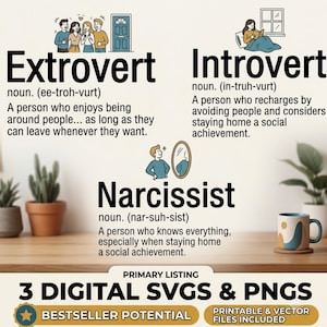 May include: A digital graphic design featuring three definitions: Extrovert, Introvert, and Narcissist. Each entry includes a noun, phonetic pronunciation, a descriptive sentence, and a small illustration. The text is black on a white background, with labels for 3 digital SVGs and PNGs at the bottom.