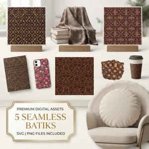 May include: A collection of five seamless batik digital assets featuring intricate brown, gold, and floral patterns displayed on various items including a notebook, phone case, coffee cup, and fabric swatches, with text reading Premium Digital Assets.