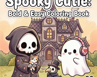 May include: A coloring book titled Spooky Cutie: Bold & Easy Coloring Book with 30 pages. The cover features a skull-faced figure in a paw-print robe holding a kitten, a ghost wearing heart-patterned headphones, and a plague doctor bird in front of a house.