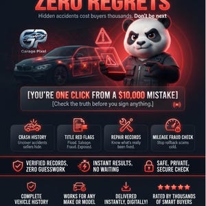 Könnte beinhalten: Eine digitale Infografik mit einem Cartoon-Panda, der ein leuchtendes Tablet hält, einem schwarzen Auto und dem Text ONE CLICK ZERO REGRETS. Sie listet Dienste wie Unfallhistorie, Titel-Warnsignale und Kilometerbetrugsprüfungen in Rot und Weiß auf.