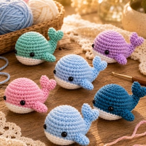 Puede incluir: Una colección de cinco pequeños juguetes de ballena tejidos a ganchillo en varios colores, incluyendo verde menta, azul claro, azul oscuro, rosa y morado. Cada ballena presenta un cuerpo redondeado, una panza blanca y dos ojos de cuenta negros.