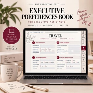 May include: A digital Executive Preferences Book displayed on a laptop screen, featuring a travel planning template with sections for preferences, logistics, and comfort. The screen shows fillable fields for airlines, documents, packing, and transportation.
