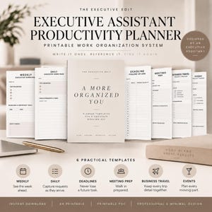 May include: A printable executive assistant productivity planner set featuring a central cover page titled A More Organized You, surrounded by six distinct work organization templates including weekly, daily, deadline, meeting, travel, and event logs.