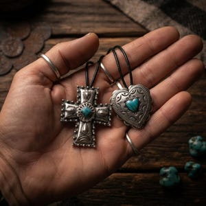 Può includere: Due ciondoli in metallo color argento su cordini neri. Un ciondolo ha una forma a croce con una pietra turchese quadrata centrale, l'altro ha una forma a cuore con una pietra turchese a forma di cuore. Entrambi presentano motivi in rilievo.
