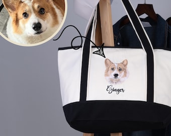 Custom Pet Portrait Tote Bag, Personalized Dog Embroidered Canvas Tote, Pet Photo Gift, Dog Mom Gift, Cat Lover Tote Bag
