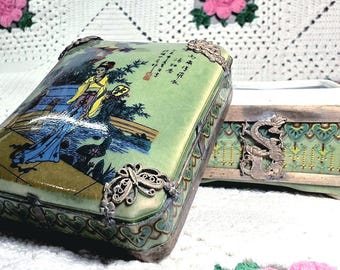 Antique Chinese Porcelain Marriage Box Hidden Mature Art Qianlong Mark Dragon Butterfly Celadon Trinket Box