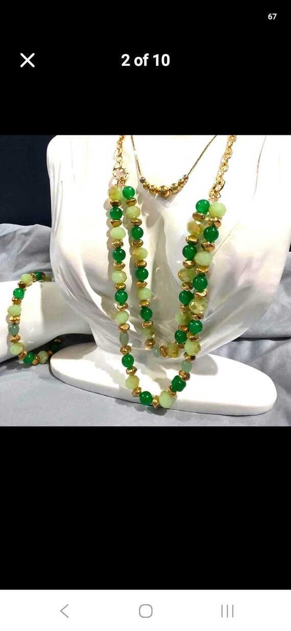 Curated Green Beaded Jewelry Set, Layered Statement Necklace, Bracelet, Earrings