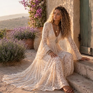 cream colored floral dress Tan & Print Medium and a dainty tie auburn moon SELF-PORTRAIT Corded Lace-Trimmed Cutout Size:Pre-order 6XL