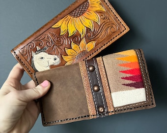 Leather Roper Wallet- Handmade- Handtooled- Wool inlay