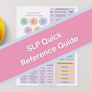 May include: A white educational reference sheet titled SLP Quick Reference Guide featuring charts on speech sound acquisition by age, eliciting speech sounds, phonological process elimination, and the five subsystems of speech with colorful text.