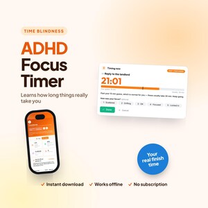 ADHD Focus Timer App, Time Blindness Tracker, ADHD Task Planner with Real Time Estimates