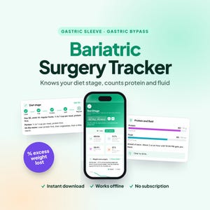 Könnte beinhalten: Eine digitale App-Oberfläche zur Nachsorge nach bariatrischen Operationen auf einem Smartphone, umgeben von Infokarten zu Diätphasen, Protein- und Flüssigkeitszufuhr sowie Gewichtsverlustdaten mit Texten wie Gastric Sleeve und Gastric Bypass.