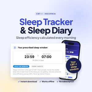 Könnte beinhalten: Eine digitale Schlaf-Tracker- und Tagebuch-Oberfläche mit dem Text CBT-I INSOMNIA, Sleep Tracker & Sleep Diary und Sleep efficiency calculated every morning. Ein Fenster zeigt ein vorgeschriebenes Schlaffenster von 23:59 bis 07:00.